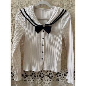 Ivory Pleated Blouse with Black Bow‎ Tie Sz S